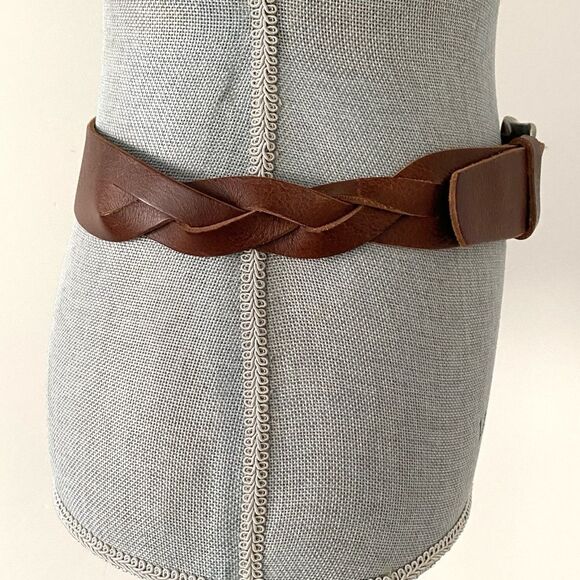 Express Brown Woven Leather Belt Silver Buckle Sz S 27”- 32” Waist Boho Western main image 8